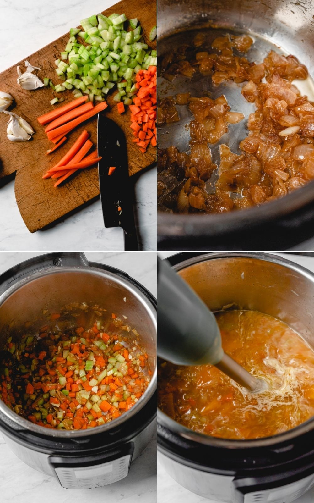 Process images showing the steps to making caramelized onion butternut squash soup from scratch. There is a photo of onions being caramelized, carrot and celery being sauteed, and the soup being pureed using an immersion blender.